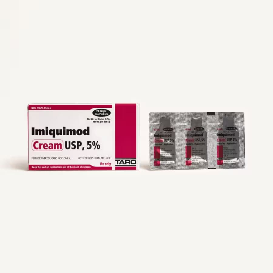 A box and single-use packets of imiquimod cream, 5%.